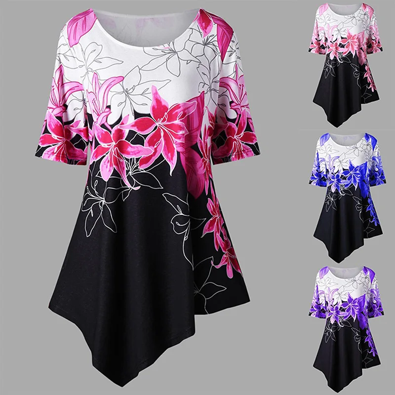 

Women Summer 3D Floral Print Short Dress Ladies Irregular Hem Casual Bohemian Short Sleeve Beach Mini Dress Plus Size