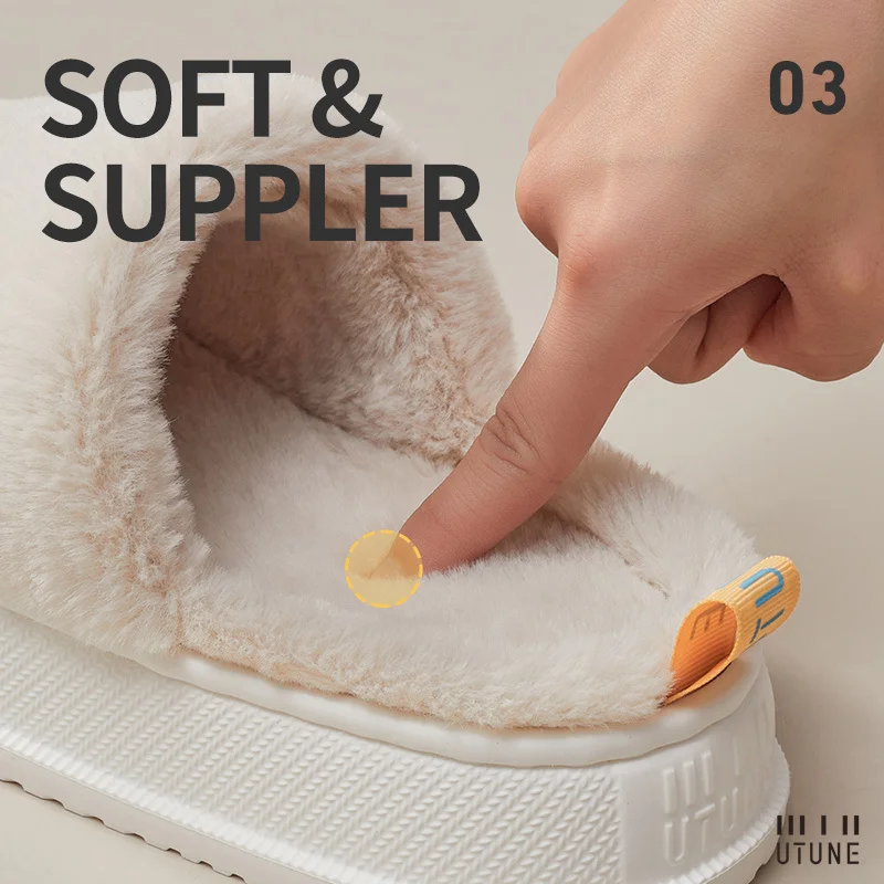 UTUNE Women Winter Slippers Plush Warm Home Slides For Men Thick Sole Soft Indoor Flats Non-slip Breathable Office Lady Shoes