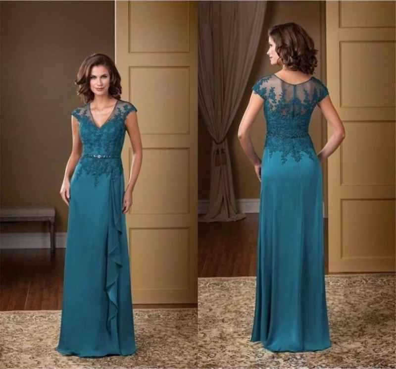

Elegant V Neck Cap Sleeve Mother Of The Bride Dress Peacock Blue Chiffon Applique Wedding Celebration Party Guest Prom Gown Plus