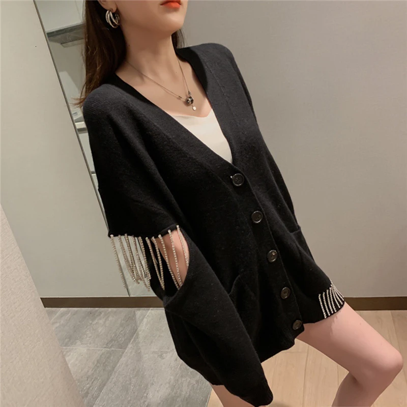 CHICEVER Korean Patchwork Tassel Women's Sweater V Neck Long Sleeve Hollow Out Knitting Female Cardigan 2019 Autumn Fashion New |