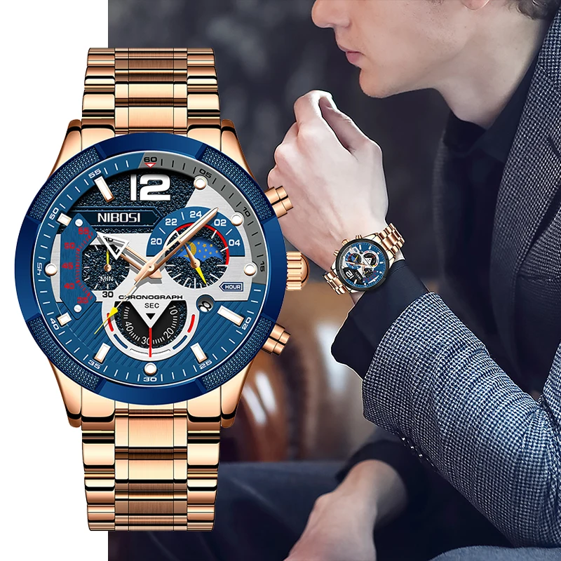 

Часы наручные NIBOSI Мужские кварцевые, модные спортивные деловые водонепроницаемые с хронографом, с кварцевым ремешком и датой