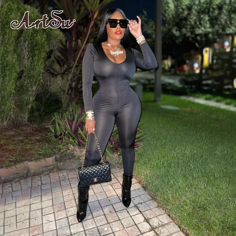 

ArtsuPopular Women Jumpsuit Sexy Club 2021 Backless Drawstring Long Sleeve U Neck Body-Shaping Slim Overalls Fall Fema