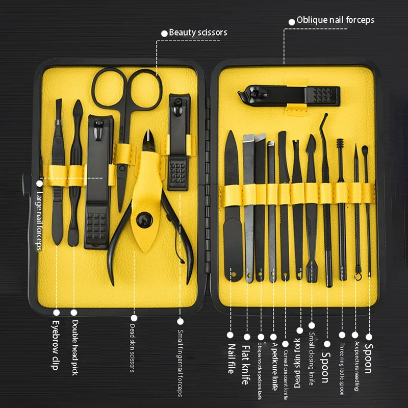 

18Pcs/Set Stainless Nail Art Tools Kit Nail Clipper Cutter Trimmer Ear Pick Grooming Kit Manicure Set Pedicure Toe Tools
