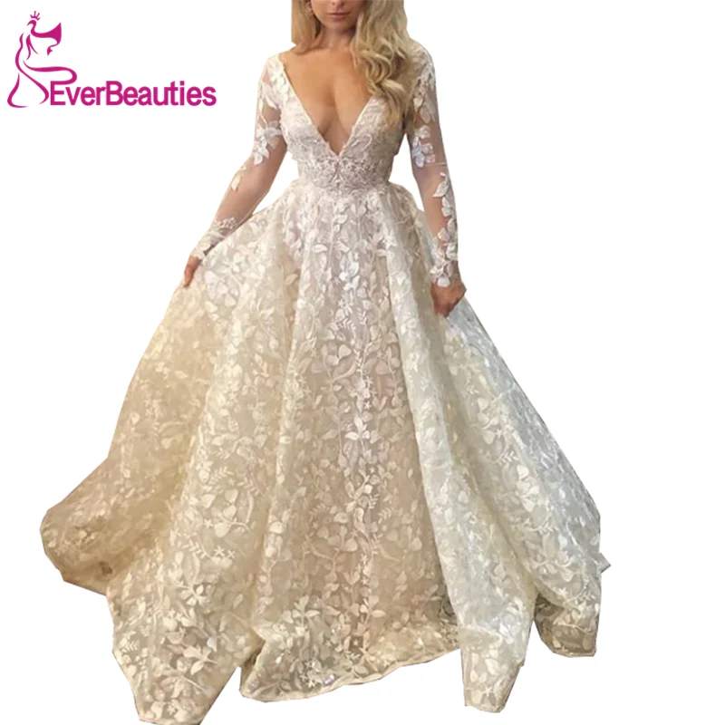 

Wedding Dresses 2020 Tulle Lace Appliques Long Sleeves Robe De Mariee Bride Dress V-Neck Wedding Gowns Vestido De Noiva