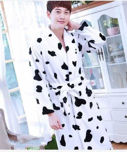 Men&women Coral Fleece Print Bow Robe Flannel Sleepwear Kimono Bathrobe Gown Winter Warm Thick Home Dressing Gown - Цвет: Men 3