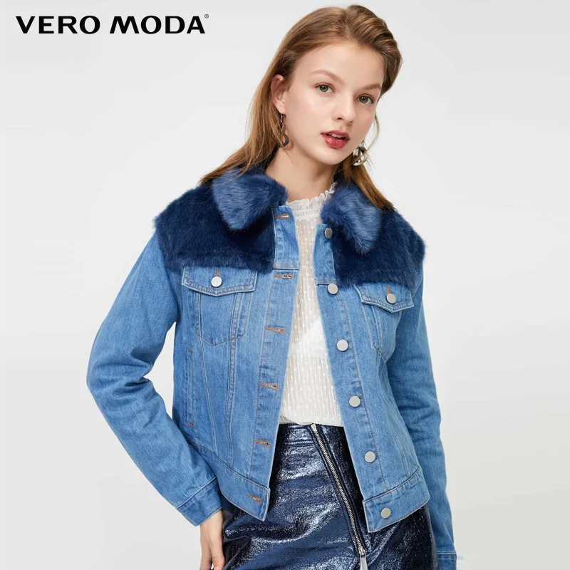 

Vero Moda Antumn Winter Women Leather Stitching Fur Denim Jacket Coat|319457506