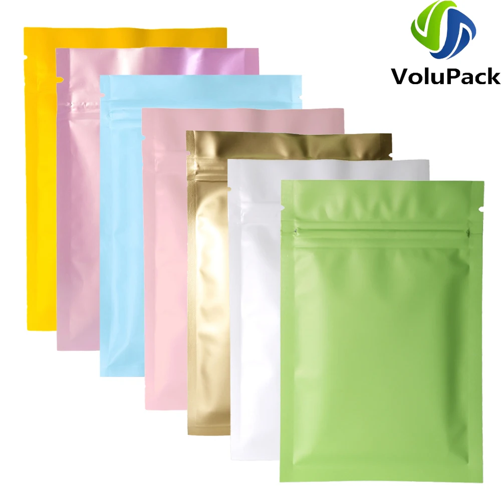 Bolsas Ziplock de sellado térmico de varios colores, paquete de bolsas metálicas con muesca de desgarro, Mylar, cierre plano con cremallera, para hierbas en polvo, 100 Uds.