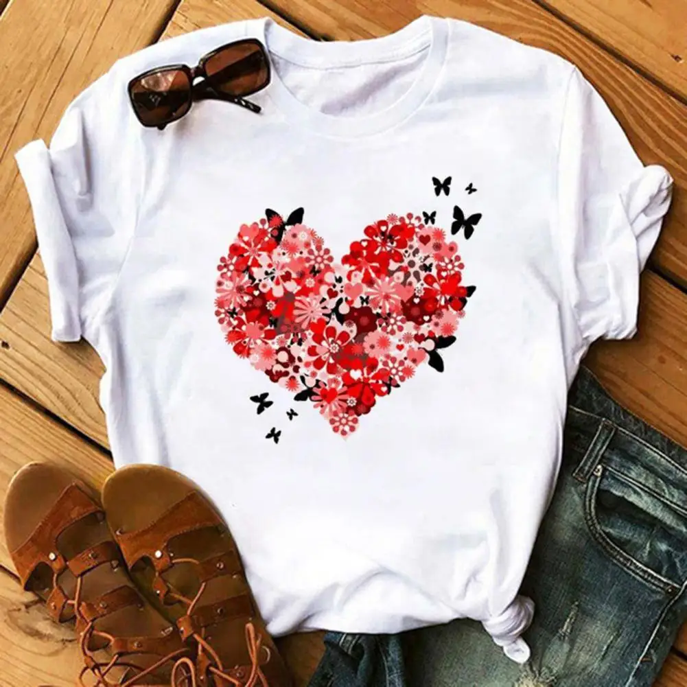 

Summer Tops For Women 2021 Blouse Korean Women T-shirt Heart Print Loose Summer Round Neck Short Sleeve T-shirt for Dating
