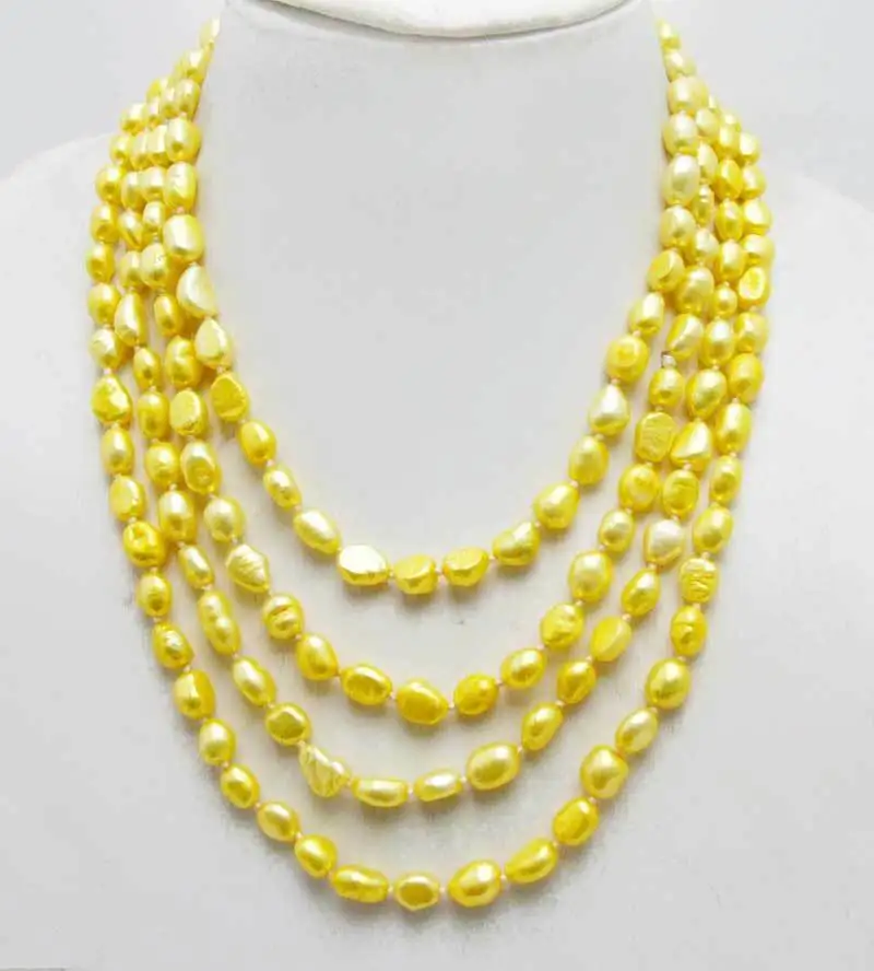 

100'' Trendy Women Necklace with Yellow Natural Pearl Baroque 8-9mm