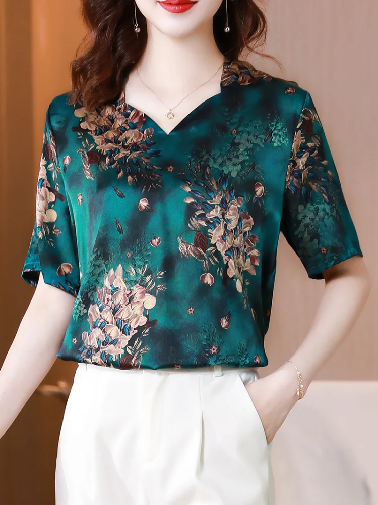 

Women's Blouses Short Sleeve Tops Fashion Top V-neck Shirts Casual Blouses Printed Shirt Satin Loose Silk Summer Lady Blusas