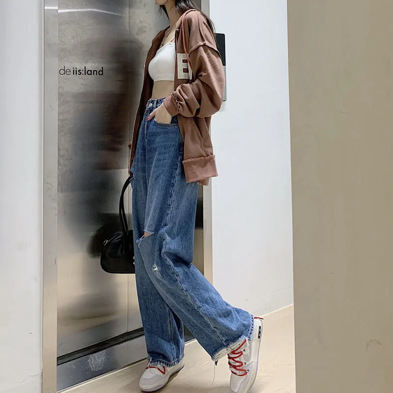 

2021 New Women's Blue Loose Straight Drape Retro Wide Legs Raw Edge Mopping Hole High Waist Jeans