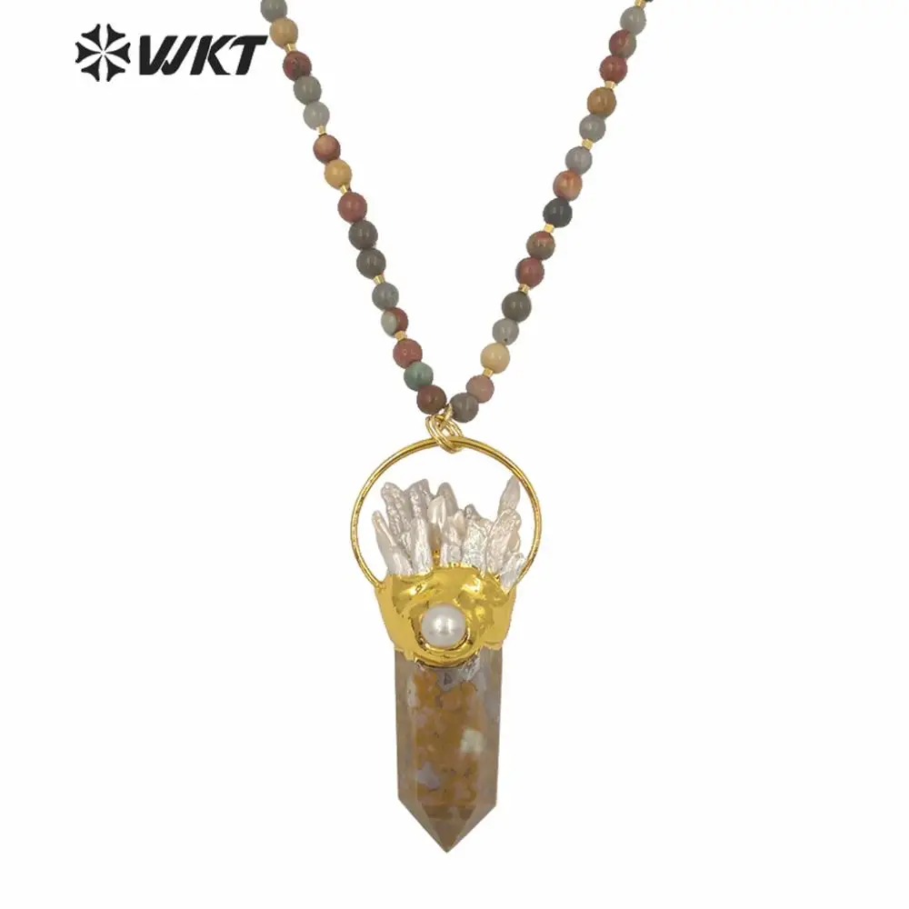 Фото WT-N1241 WKT Оптовая продажа: Новинка! Длинное ожерелье из натуральных каменных бусин с крупными кристаллами и необработанным жемчугом – очаровательное украшение №2