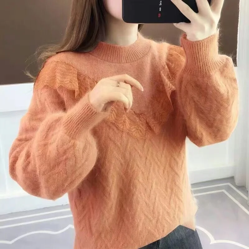 

Женский свитер, свободный трикотажный теплый пуловер с круглым вырезом и кружевом внутри