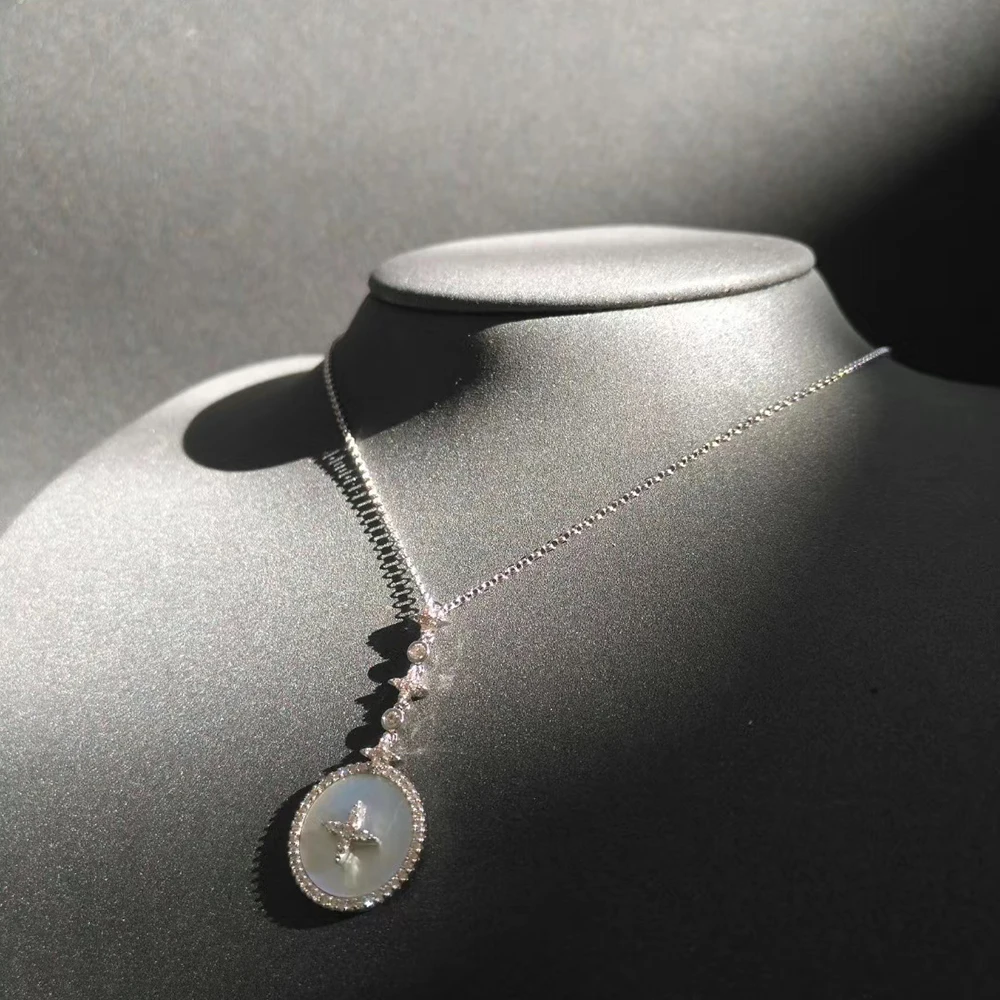 

popzone s925 sterling silver classic star mother shell necklace female new natural mother shell mid-length sweater chain jewelry
