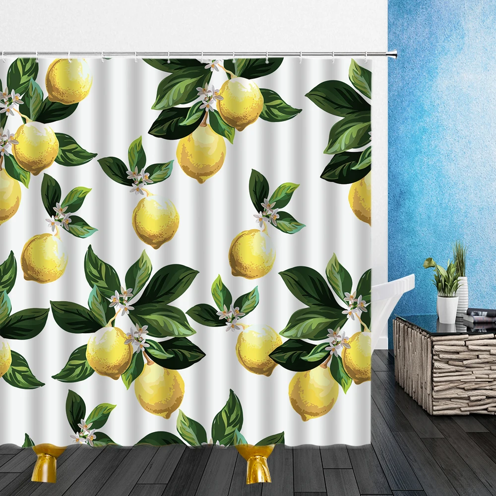 

Cartoons Shower Curtains Fruit Yellow Lemon Green Leaf Plant Pattern 3D Print Waterproof Cloth Bathroom Decor Curtain With Hooks