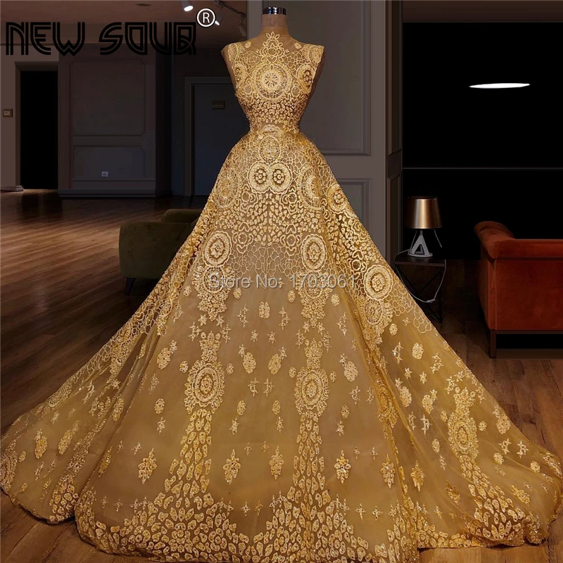 

Dubai Gold Lace Evening Dresses For Turkish Islamic Pageant Gowns Robe De Soiree Saudi Arabia Illusion Prom Dress 2020 Couture