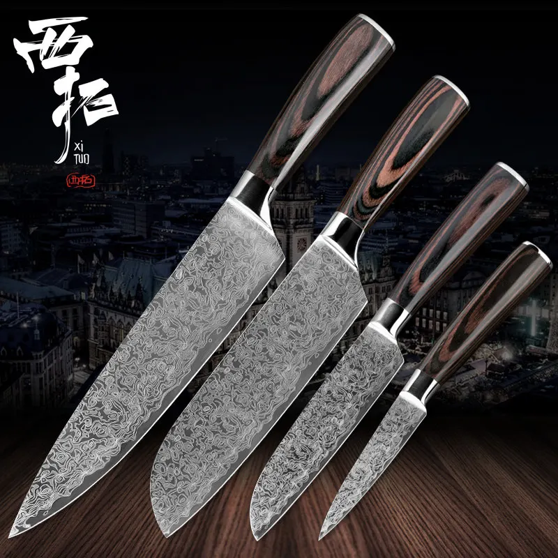 

XITUO Kitchen Chef Knife Laser Damascus Pattern Stainless Steel Cut Meat Sliced Peeled Fruit Utility Santoku Kitchen Tool Set