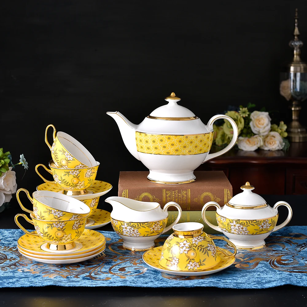 

15 PCS Yellow Lemon Flower Coffee Pot Sugar Jar Small Milk Pot Cup and Saucer Set Afternoon Tea Tableware set