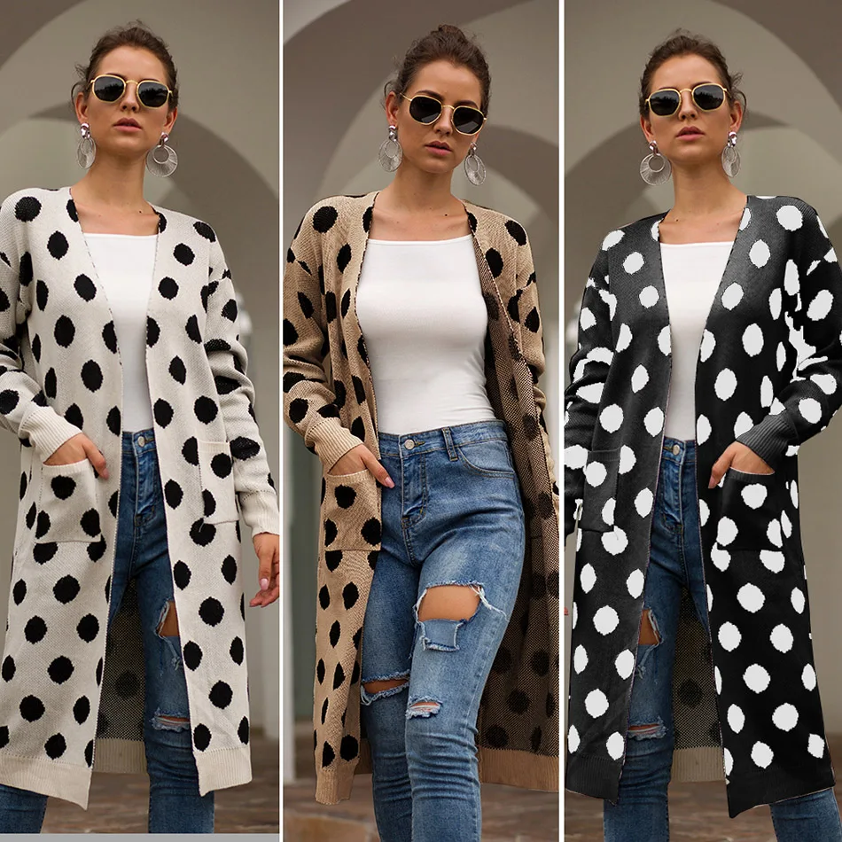 Fashion Knitted Dot Long Cardigan Women Pocket Plus Size Mujer Overcoat Streetwear Autumn Blusas De Inverno Feminina |