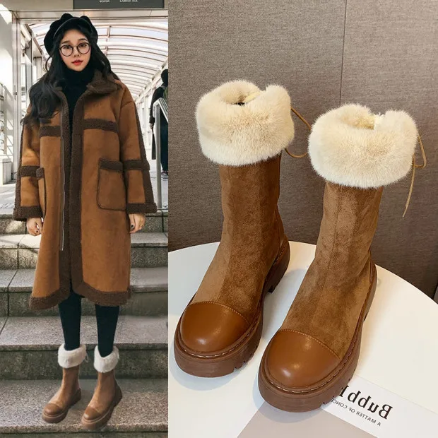 

Shoes Fashion Boots Woman Round Toe Boots-Women Winter Footwear Australia Punk Lolita Low 2022 Mid Calf Rubber Snow