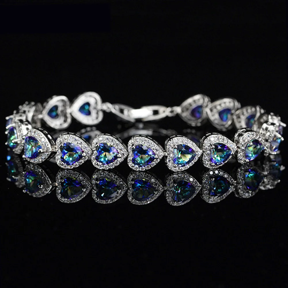 Blue mystic topaz ThreeGraces Роскошный CZ ювелирный светильник синий мистический огненное сердце Кристалл 925 Серебряный браслет для тенниса браслет для женщин подарок BR100 - Окраска металла: Blue mystic topaz
