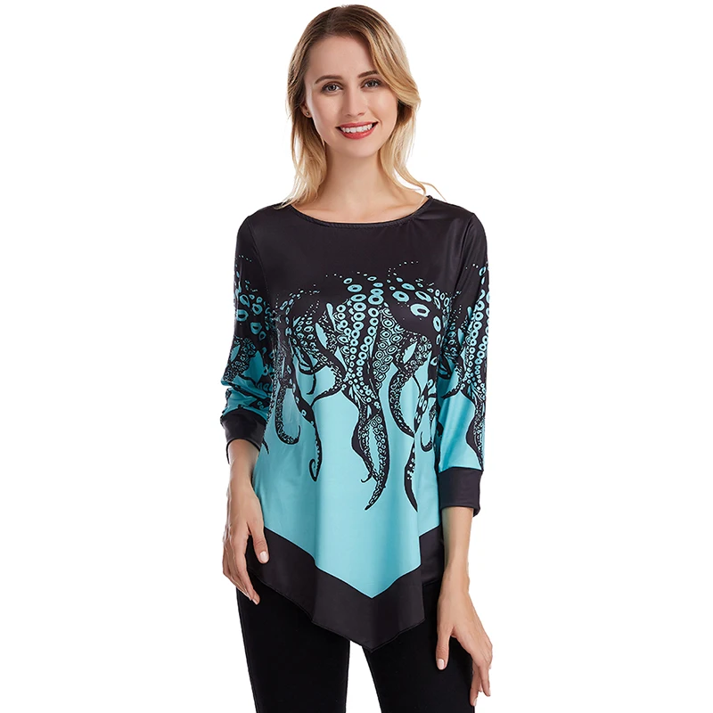 Новые осенние женские топы с модным цветочным принтом и асимметричным подолом