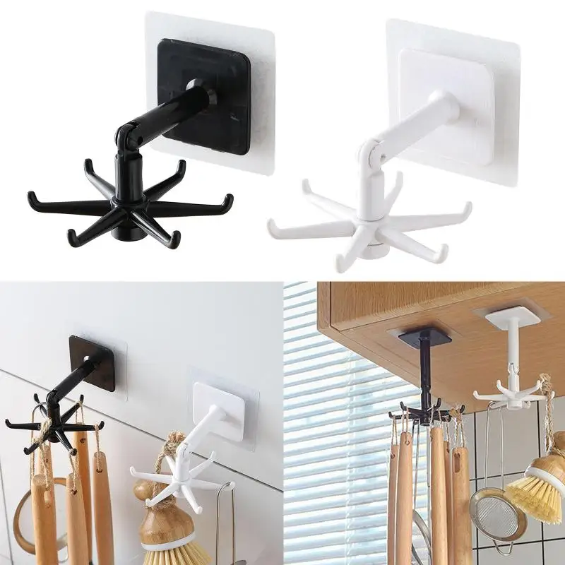 

Rotatable 360 Six-jaw Wall Hooks Organizer Weighing Hook Punch-free Waterproof Stickers Kitchen Utensils Hanger Bathroom Rack