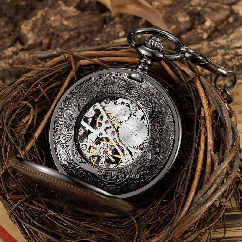 Black Deer Mechanical Pocket Watch Skeleton Vintage Antique Luxury Hollow Case Animal Engraved Male Fob Chain Clock for Men