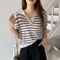 turn down collar women sweater 2022 summer thin ladies knitted top fashion striped sweaters short sleeve pullover womens clothes