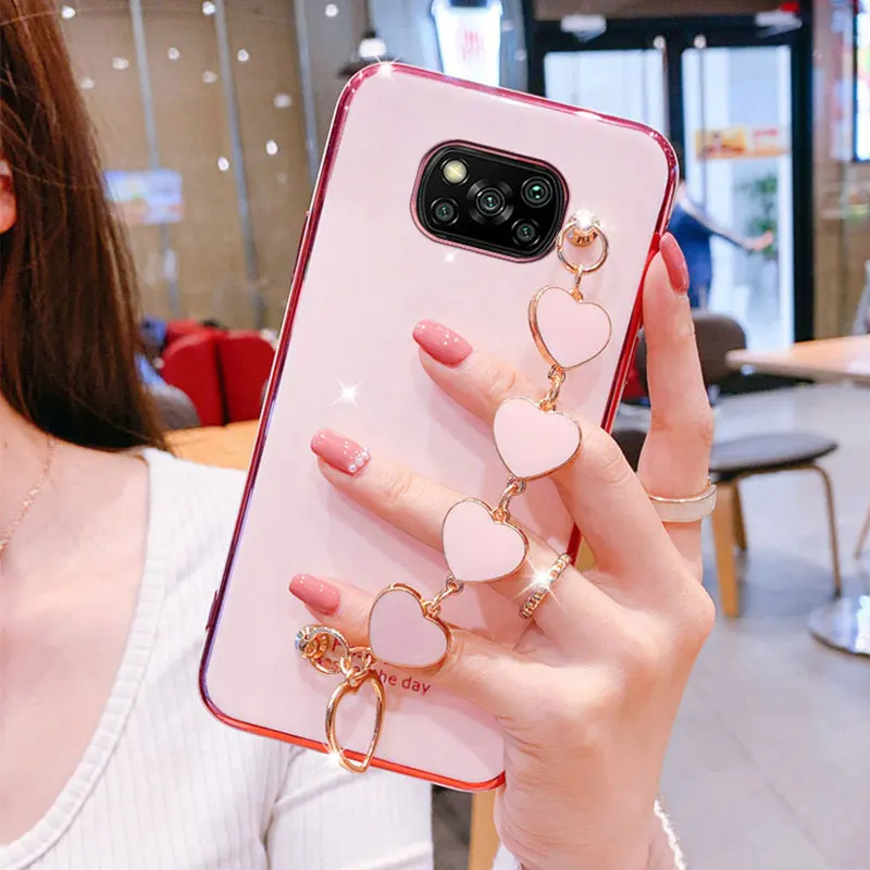wrist bracelet phone case for xiaomi poco x3 nfc pro case luxury heart chain plating cover capa xiaomi poco x2 m3 f2 f3 x3 pro free global shipping