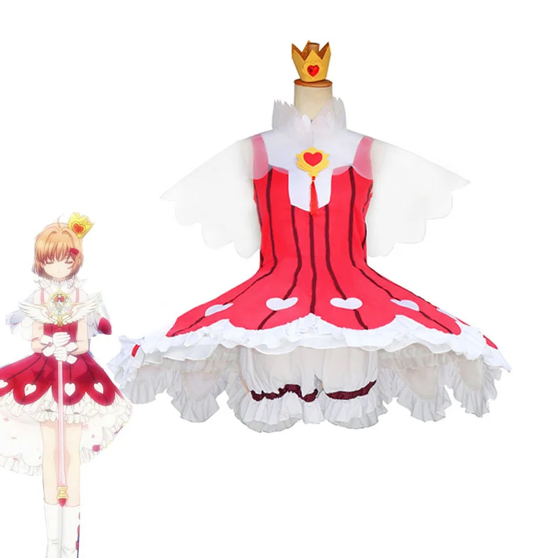 

Anime Card Captor Sakura Clear Card OP2 Sakura Cosplay Costume Rose Gamble Suit Girls Cute Red Dress Halloween Carnival Uniforms