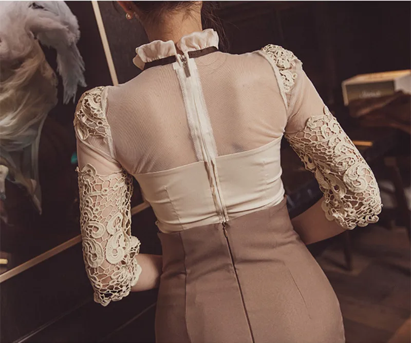 

High Quality Spring New Stand Collar Half Sleeve Sexy Lace Top + Tight Package Hip Skirt Suit Office Women 2 Piece Set Vestidos