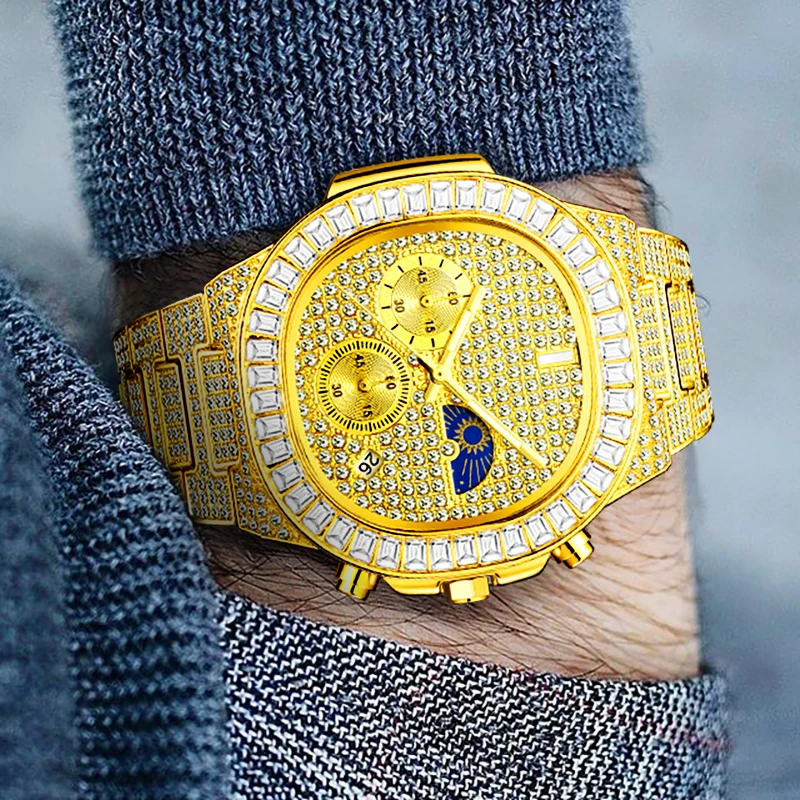 

Мужские часы MISSFOX, роскошные полностью алмазные часы с браслетом из нержавеющей стали, модные кварцевые часы с большим циферблатом и календ...