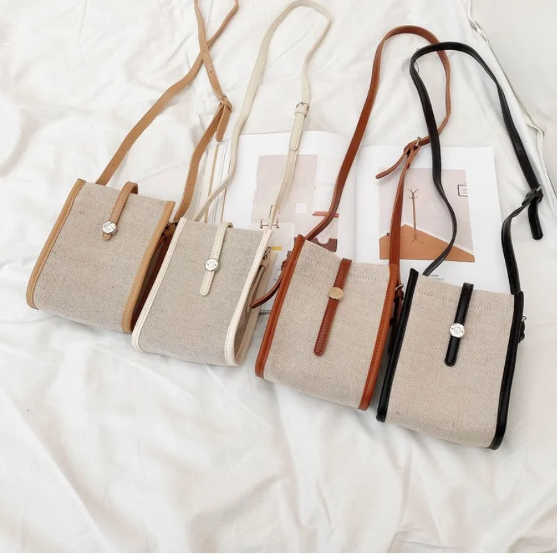 Retro Linen Canvas Small Cross Bag Korean Contrast Mobile Phone Bag Belt Buckle Small Square Bag Vintage Diagonal Mini Handbag