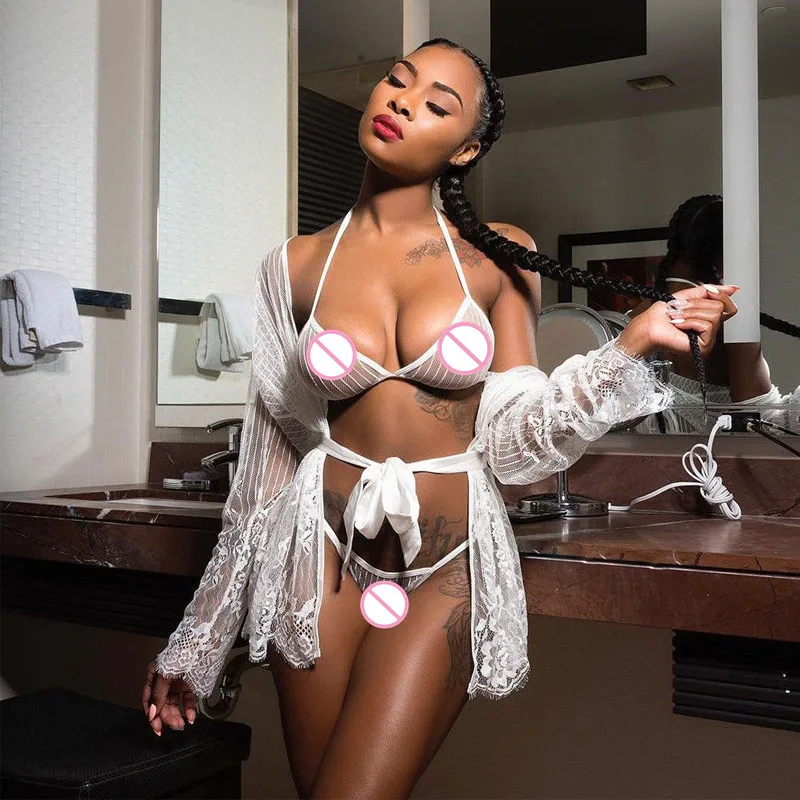 EAnvog, сексуальное женское кружевное нижнее белье, три точки, Babydoll, стринги, ночное белье, прозрачный бюстгальтер, набор, lenceria