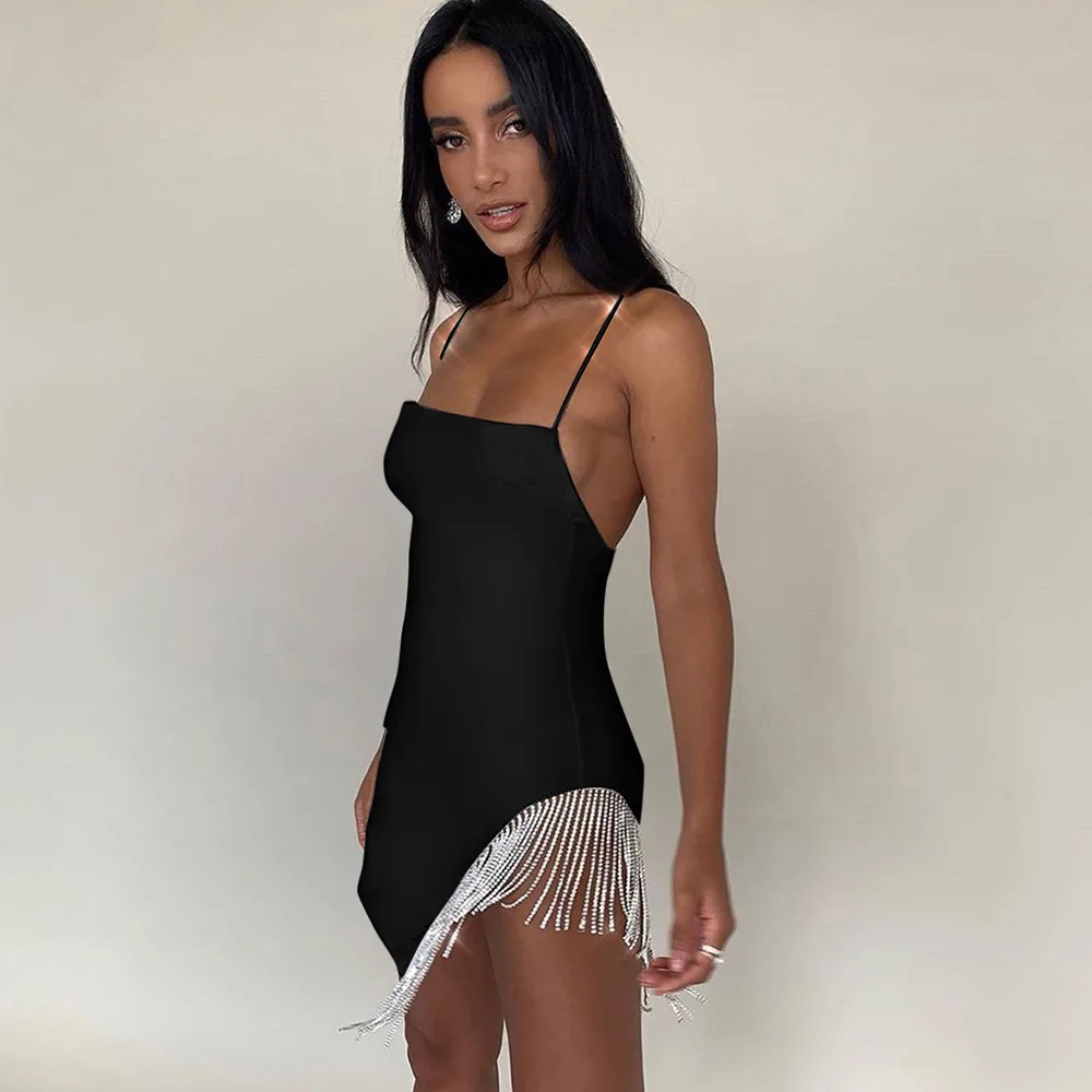 

Summer new style women's dress with fringed hem sling suspender neckline fashion sexy open back ladies dress
