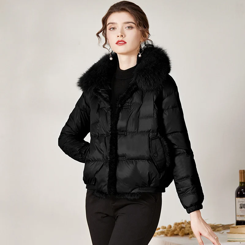 Женский пуховик с капюшоном куртка на белом утином пуху воротником из