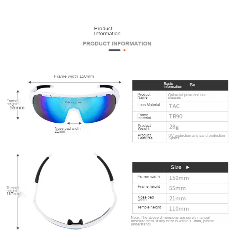 

OBAOLAY Cycling Polarized Sunglasses Mountain Bike Glasses Outdoor Sports Cycling Eyewear Goggles UV400 Bicycle Fishing