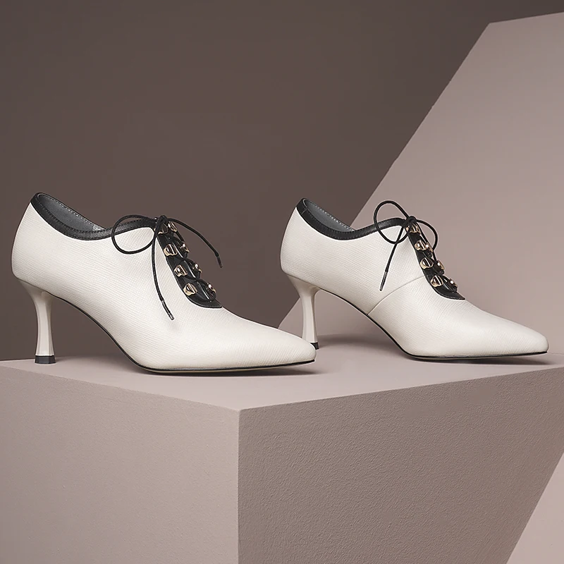 

ISNOM Genuine Leather Shoes Woman Cross Tied Pumps Women Pointed Toe High Heel Shoes Ladies Pumps Bow Tie Lace Up Heels