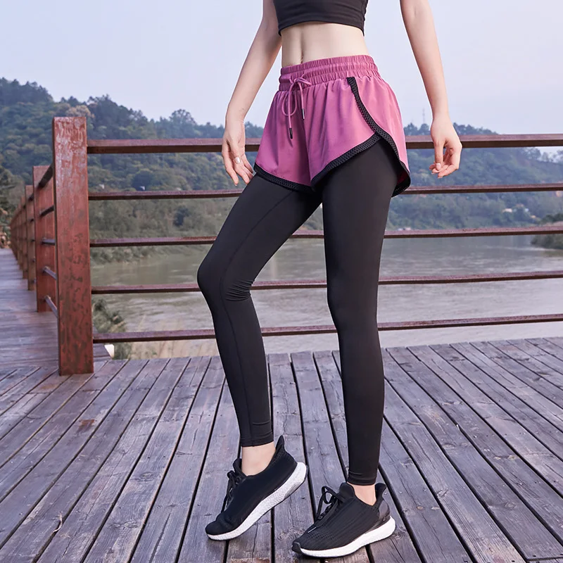 

Yoga Pants Fake 2 PCS High Waist Gym Leggings Slim Trouser for Women Sprots SEC88
