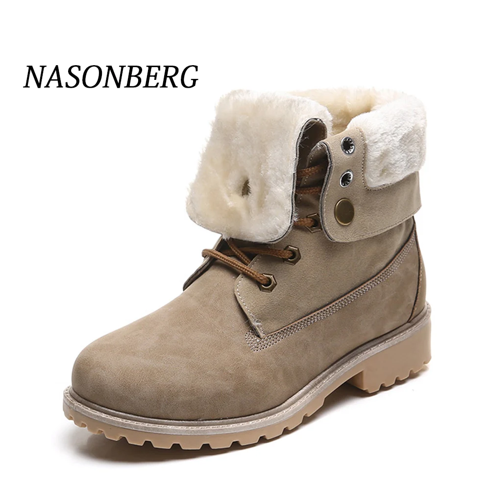 NASONBERG/женские зимние ботинки на плоской подошве, со шнуровкой, зимняя женская теплая обувь на платформе, Большие размеры женские замшевые ботильоны из флока на меху