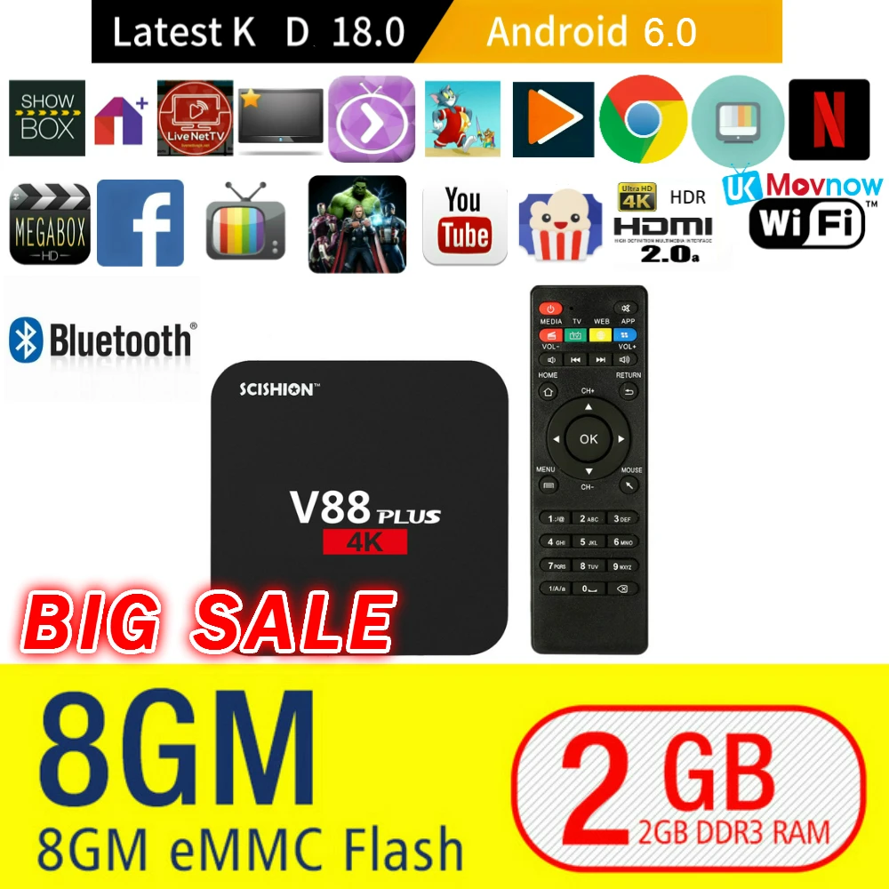 SCISHION V88 Plus Android tv BOX 2 ГБ 8 6 0 Rockchip 3229 четырехъядерный WiFi Поддержка Bluetooth H.265