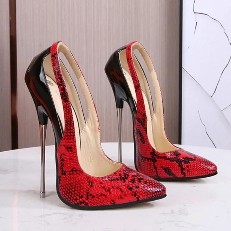 

MAIERNISI новоприбывшие Дамская змеиная принт женские туфли-лодочки на каблуке 16 см, с острым носом, на тонком высоком и красного цветов на высок...