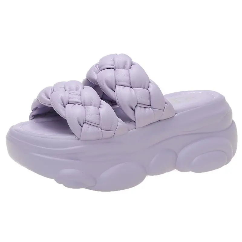 

Slope heel sandals and slippers women's 2021 summer new Korean fashion woven sponge cake platform high-heeled slippers shoes
