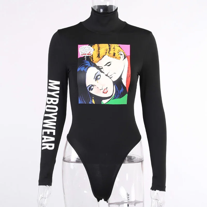 

Women Clothing Bodysuit Rompers Turtleneck Long Sleeve Letter Printing Fashion Casual Vintage Femme Skinny Jumpsuits Bodycon