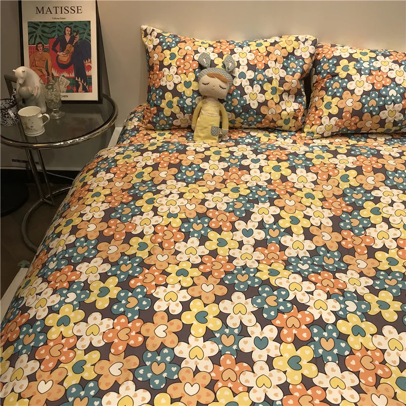 All Season 100 Cotton Bed Comforter Set Pattern with Yellow Pink Flowers Warm Bedroom Queen King Size Bedding Set Luxury
