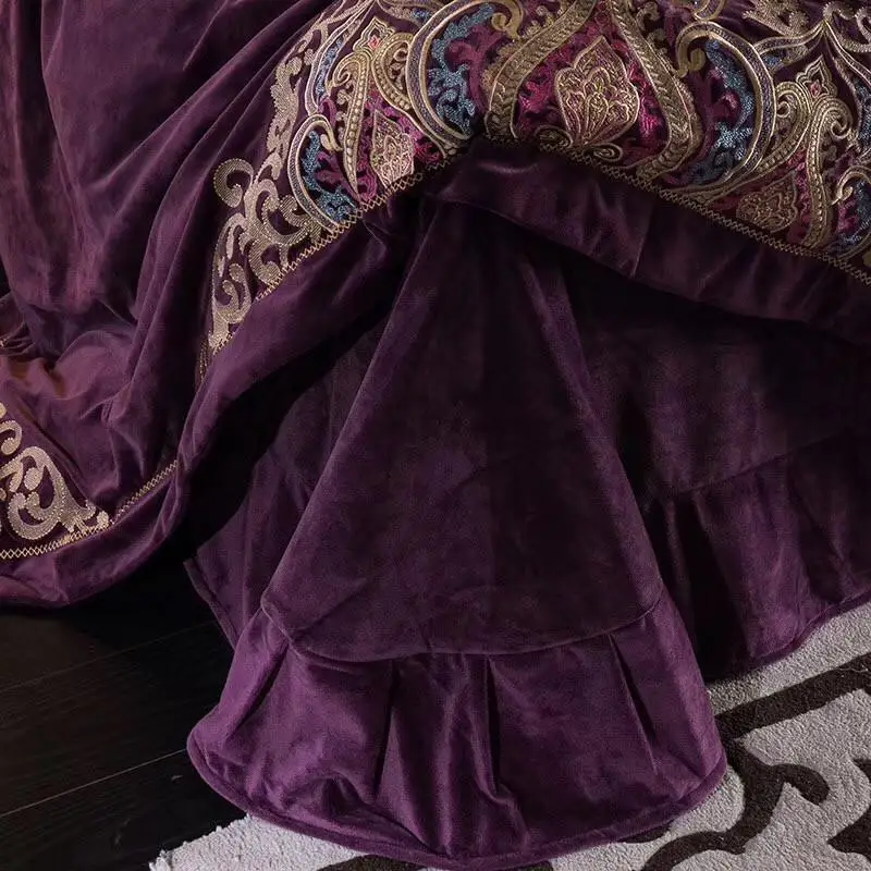 

J4Purple Red Blue Luxury Royal Embroidery Winter Thick Flannel Bedding Set Fleece Fabric Duvet Cover Bed sheet/Linen Pillowcases