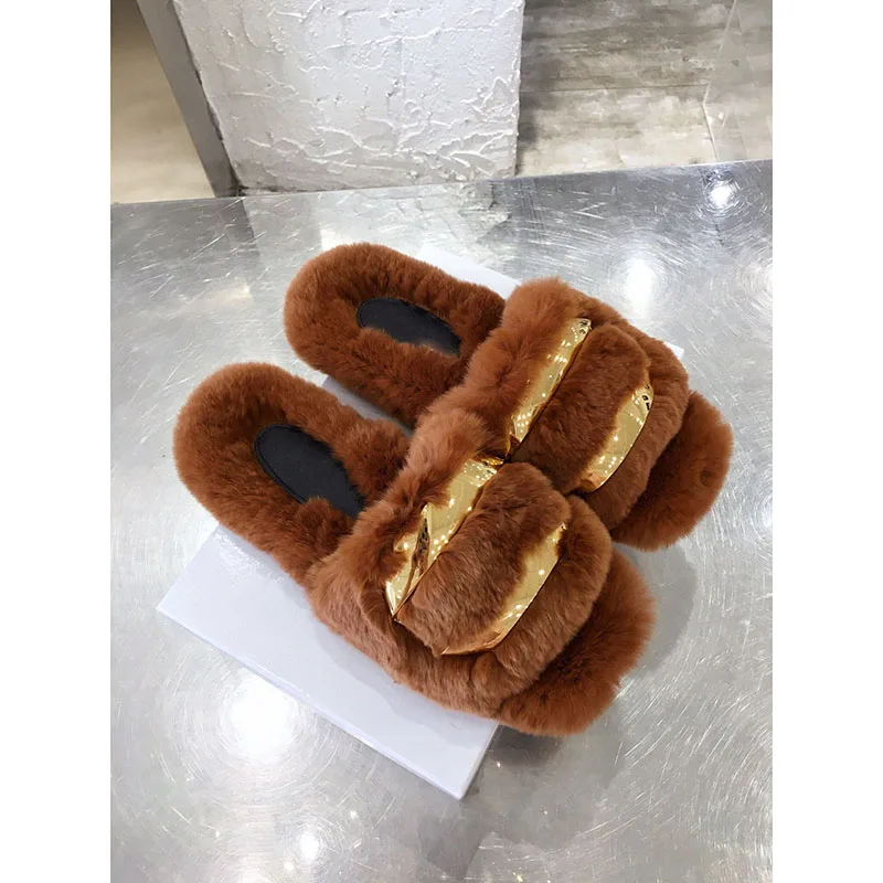 

Autumn Casual New Fashion Women's Flat-bottomed Furry Shoes Metal Chain Decoration Outside Wear Winter Warm Solid Slippers