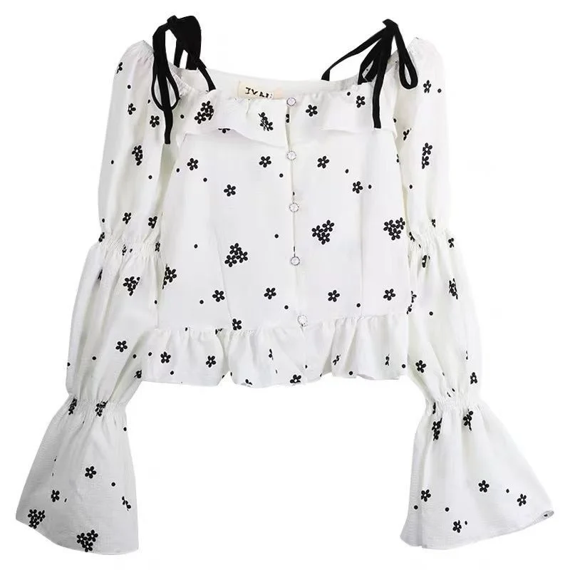 

Summer 2021 New French Temperament Chic Age Reduction Fashion Versatile Floral Trumpet Long Sleeve Shirt Women's Wear