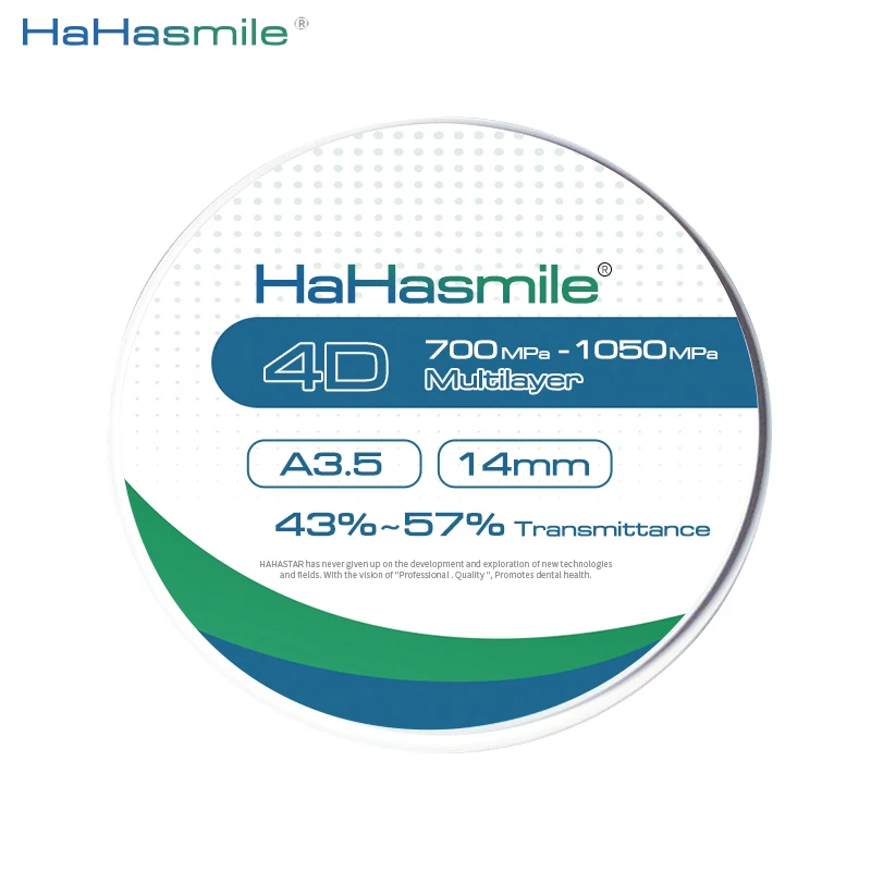 Hahasmile 4D-Multilayer Zirconia Blocks Dental Lab 98-A3.5 Hardness 1250Hv 12mm/14mm/16mm/18mm/20mm/22mm/25mm High Quality
